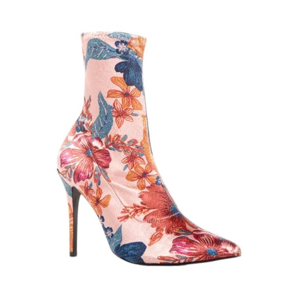 NWOT JAGGAR Women's Compact Floral Print Stretch Satin Sock Booties